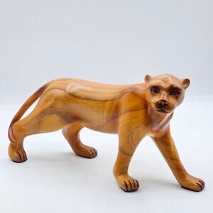 Vintage Polyresin Lioness Cougar Puma Figurine Faux Olive Wood Wildlife Statue